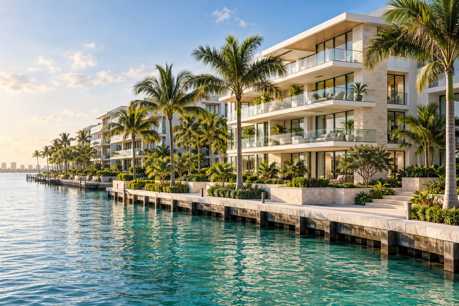 Modern coastal residences surrounded by palms and waterfront greenery